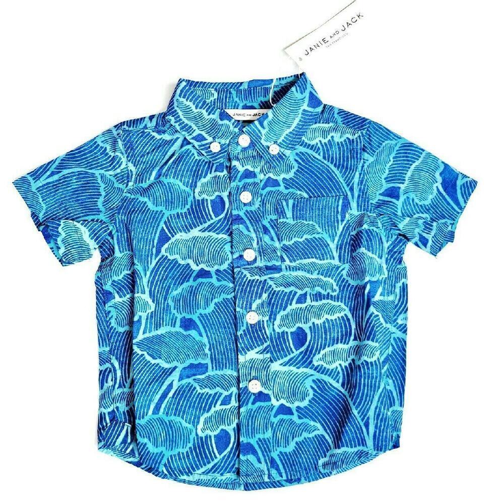 Janie & Jack 6-12 Months Waves Summer Button Up 6-12m Blue Royal